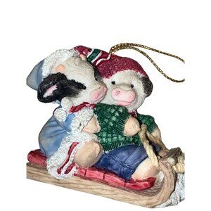 Vintage Mary Moos Sledding Christmas Ornament  Cows On Sled Enesco